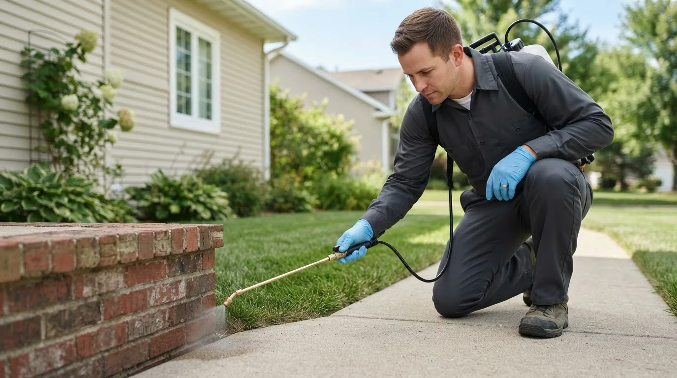 Pest control technician treating a home near Bolivar, MO